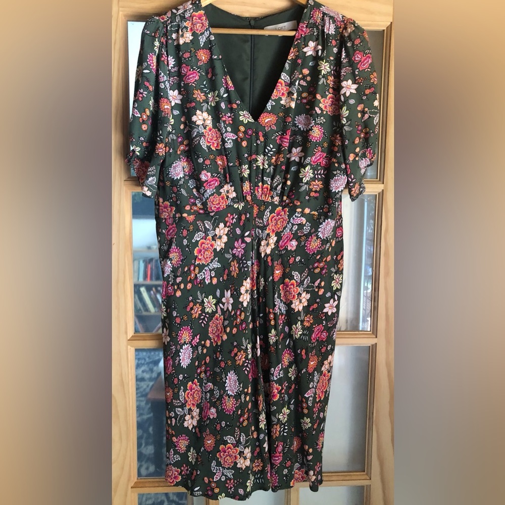 Loft Floral V-Neck Midi Dress in Deep Green